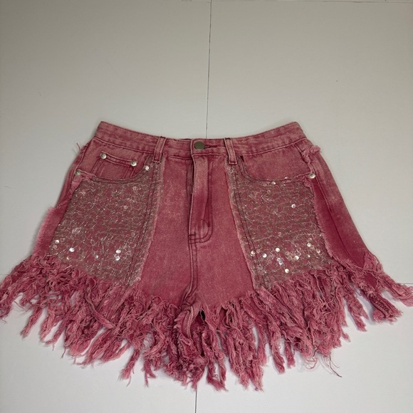 POL Pink Sequin Fringe Denim Shorts Size Small NWOT - Picture 1 of 7